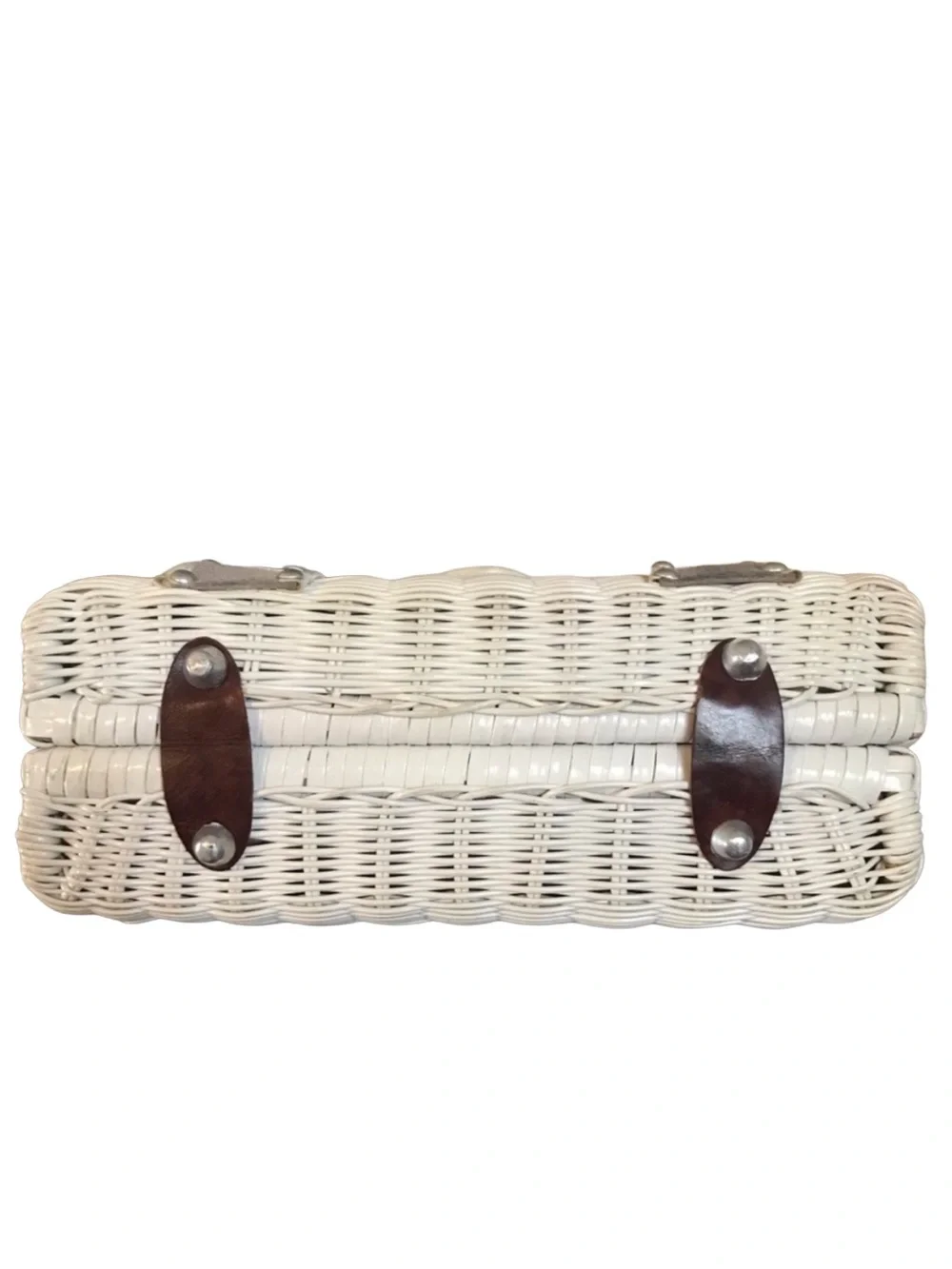 VINTAGE 1960'S STYLED BY BOUNTY WHITE WICKER WITH MAUVE & GRAY FAUX SUEDE BAG
